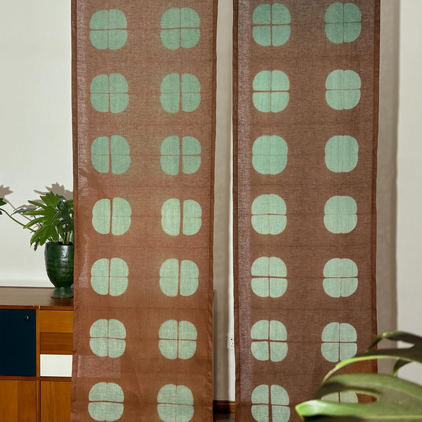 styled room scene with Motif Linen Noren — Amber Grid used as a window or doorway curtain