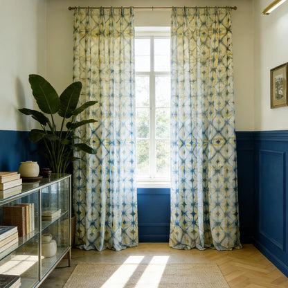 Linen drapes 'Moss Yellow' — handmade plant-dyed semi-sheer botanical window curtain.
