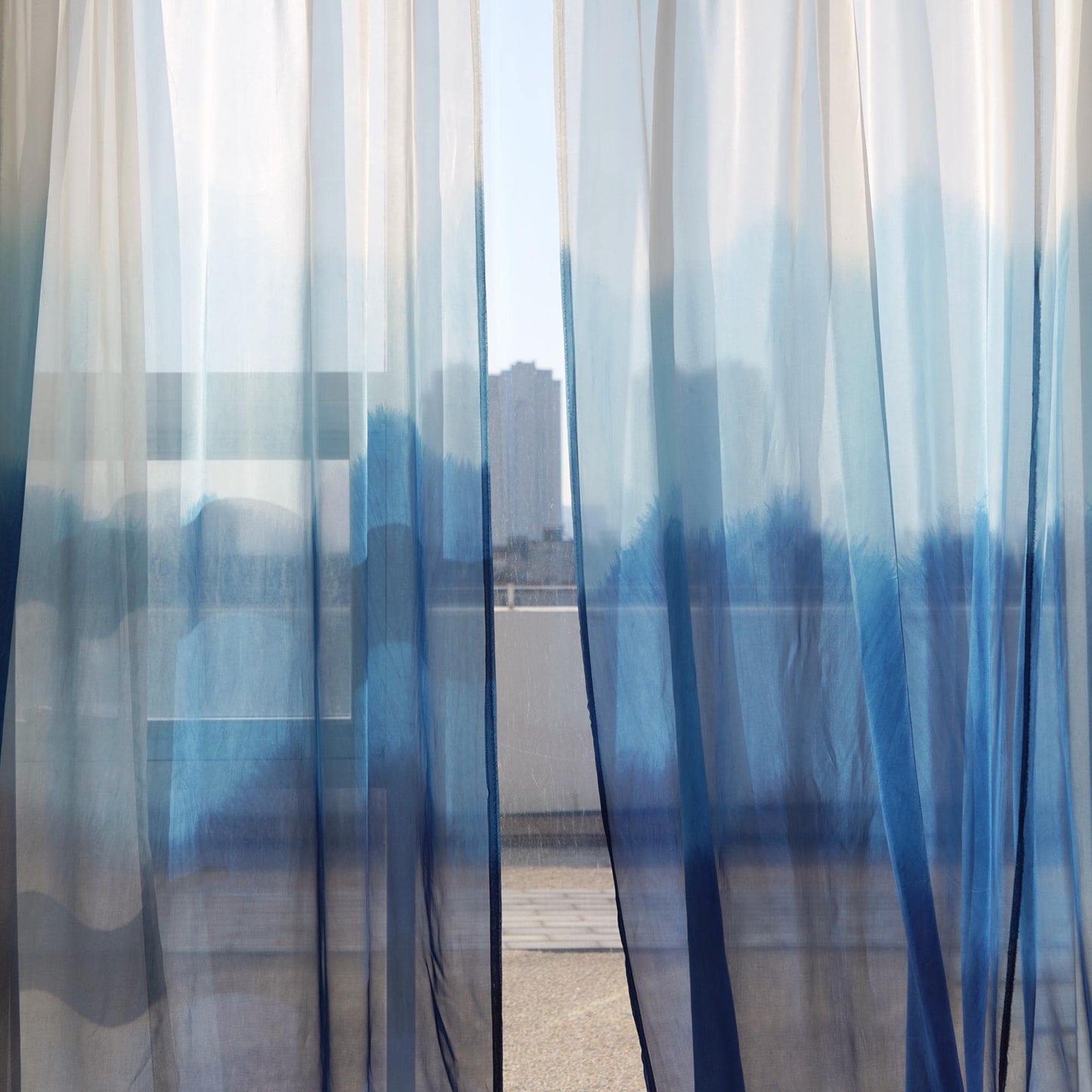 detail view of Sheer Curtain — White Blue showing natural ramie texture and color