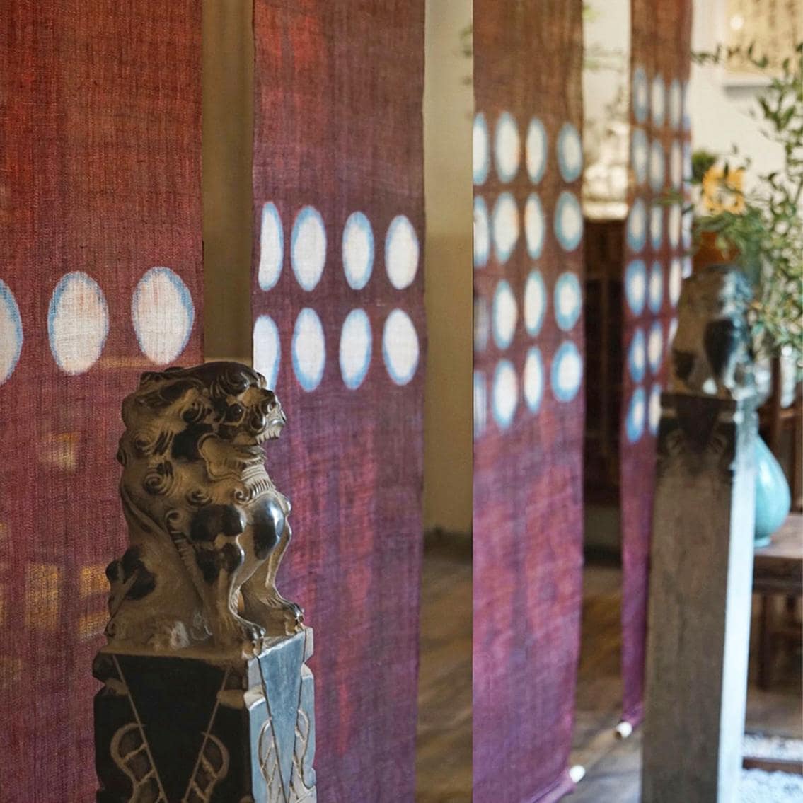 Ramie Cloth — Red Dots displayed as a room divider or wall hanging