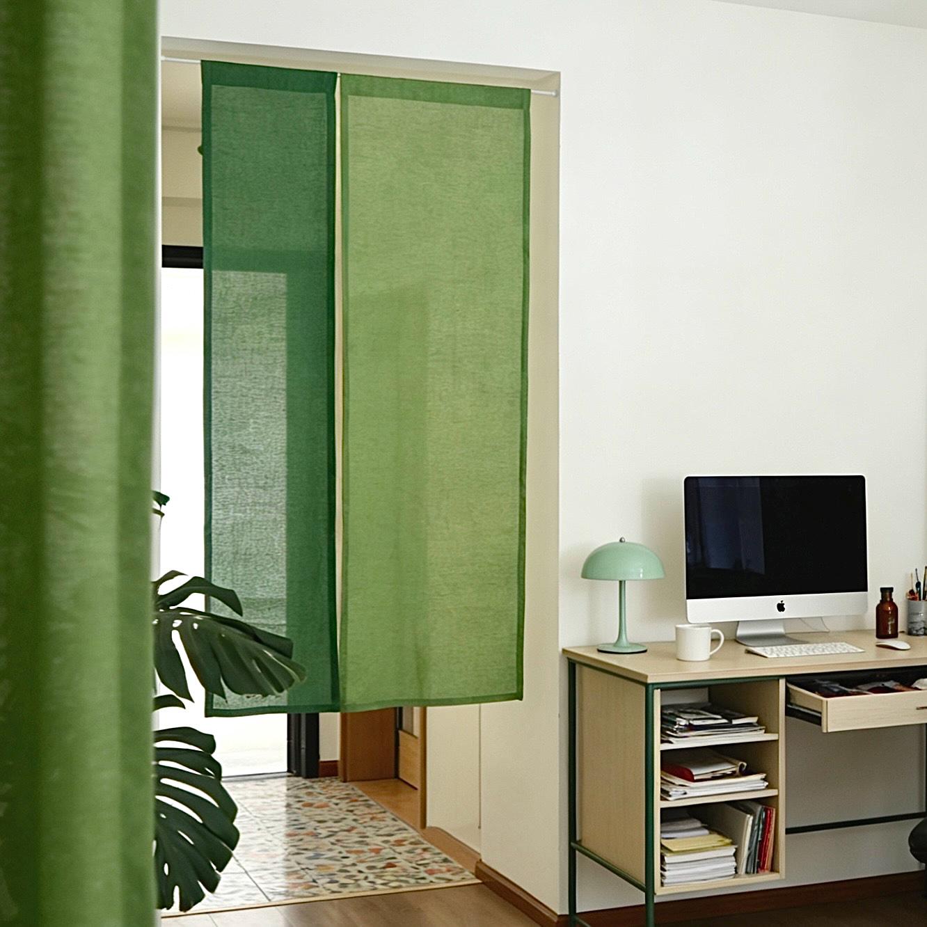Minimalist Japanese noren 'Leaf Green' — soft handmade plant-dyed linen doorway curtain.