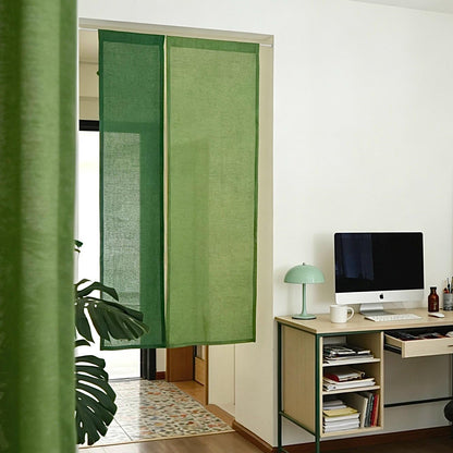 Minimalist Japanese noren 'Leaf Green' — soft handmade plant-dyed linen doorway curtain.