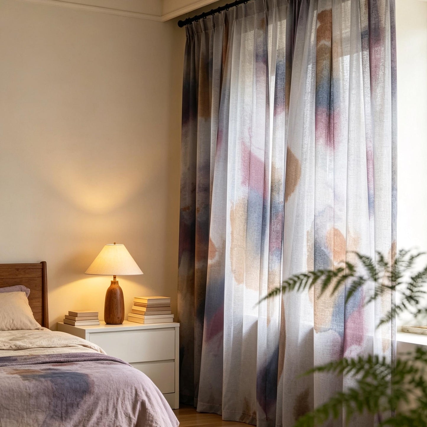 Pattern Drapery — Mist Grey shown in a bedroom interior with soft natural light