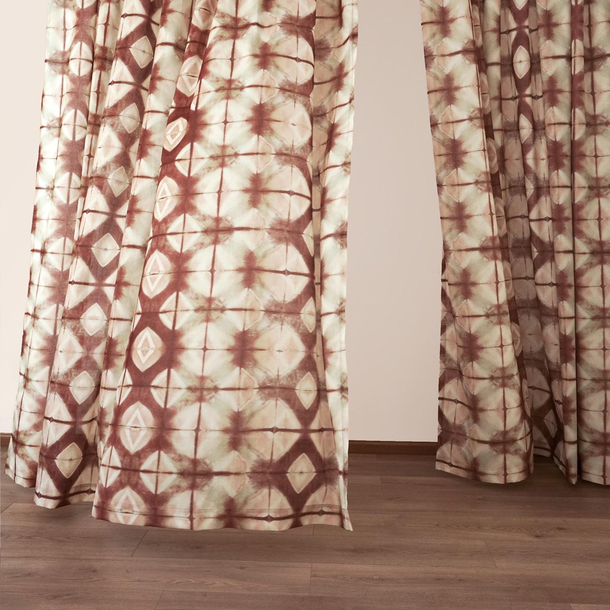 Pattern Drapery — Dusty Rose dressing tall windows in a styled living room