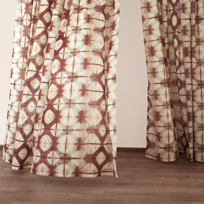 Pattern Drapery — Dusty Rose dressing tall windows in a styled living room