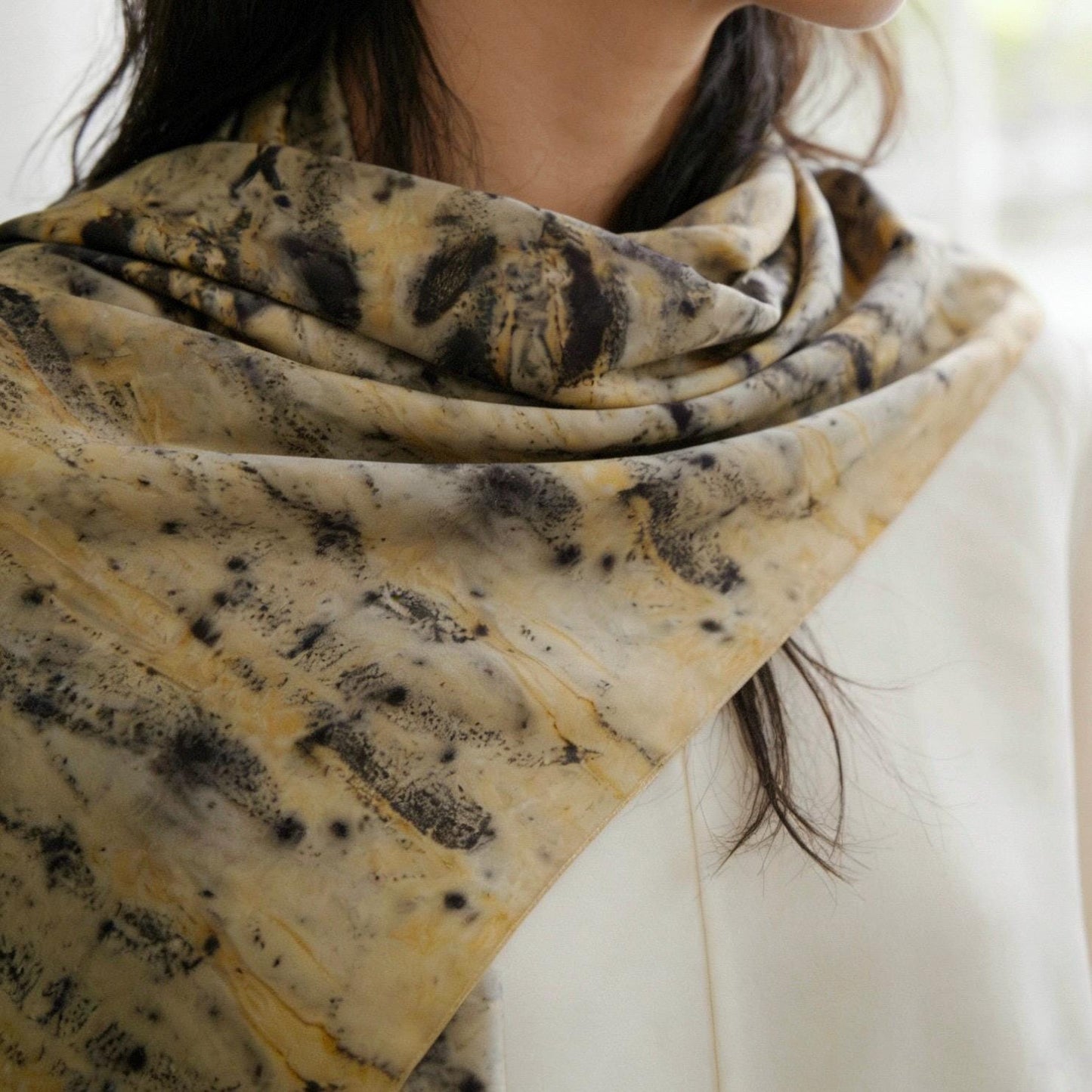 fabric detail of Scarf — Ochre Vine showing hand-dyed texture and drape