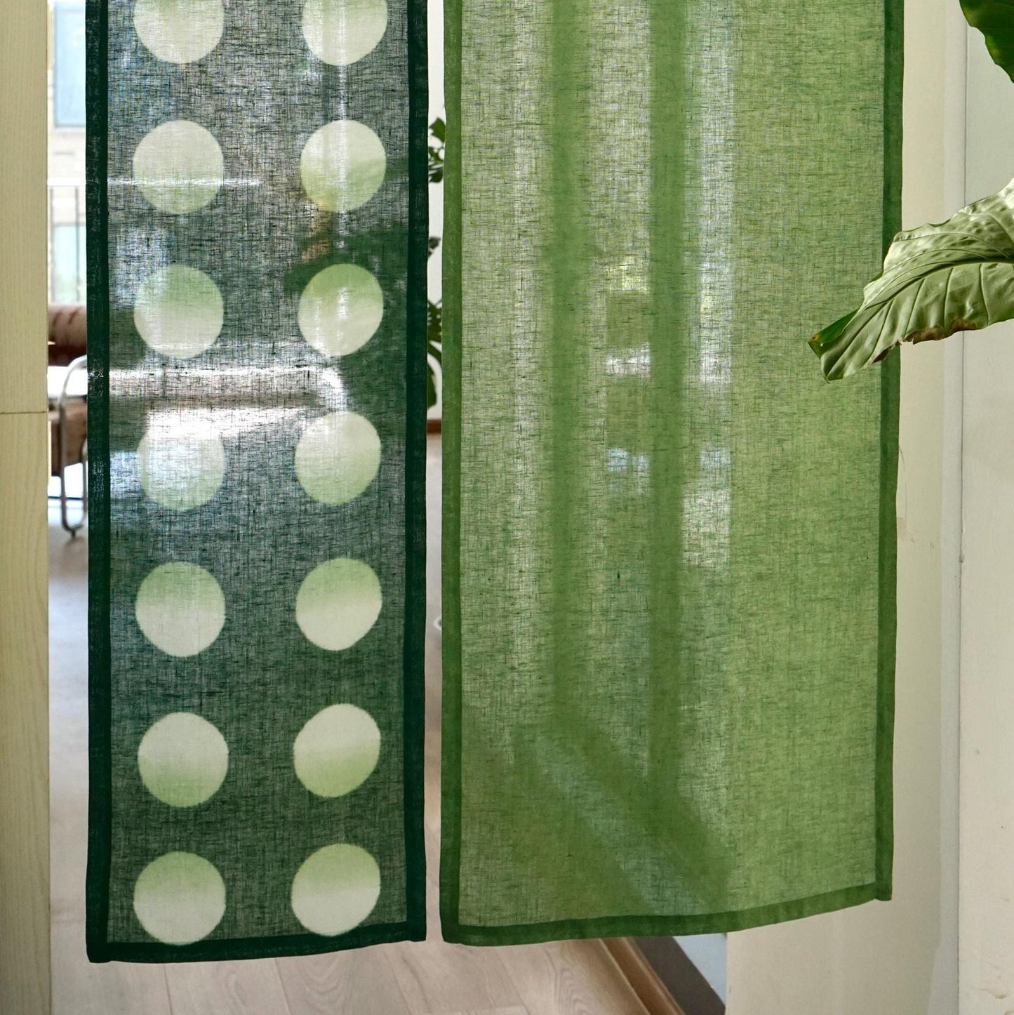 detail view of Polka Dot Linen Noren — Sage / Green showing plant-dyed linen texture and pattern
