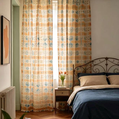 Pattern Drapery — Soft Beige shown in a bedroom interior with soft natural light