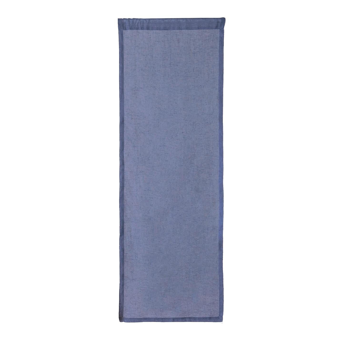alternate angle of Motif Linen Noren — Blue Bloom hanging as a two-panel doorway curtain