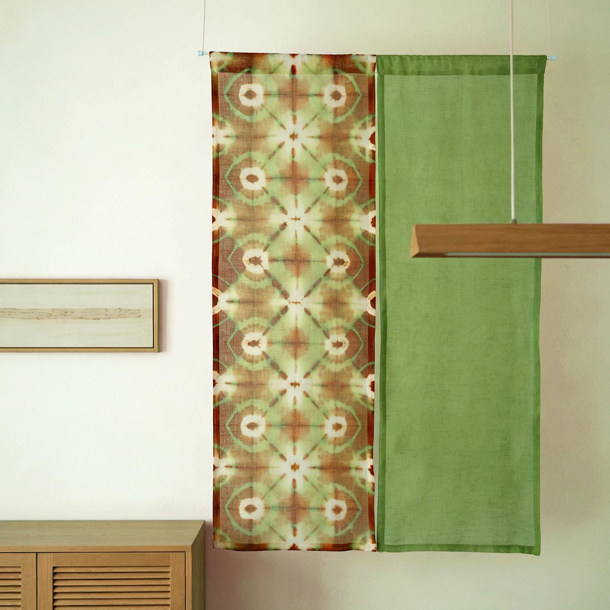 styled room scene with Motif Linen Noren — Green Bloom used as a window or doorway curtain