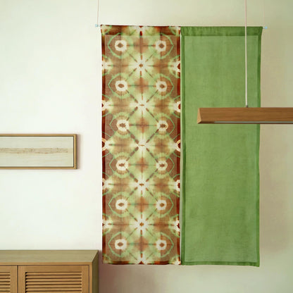 styled room scene with Motif Linen Noren — Green Bloom used as a window or doorway curtain