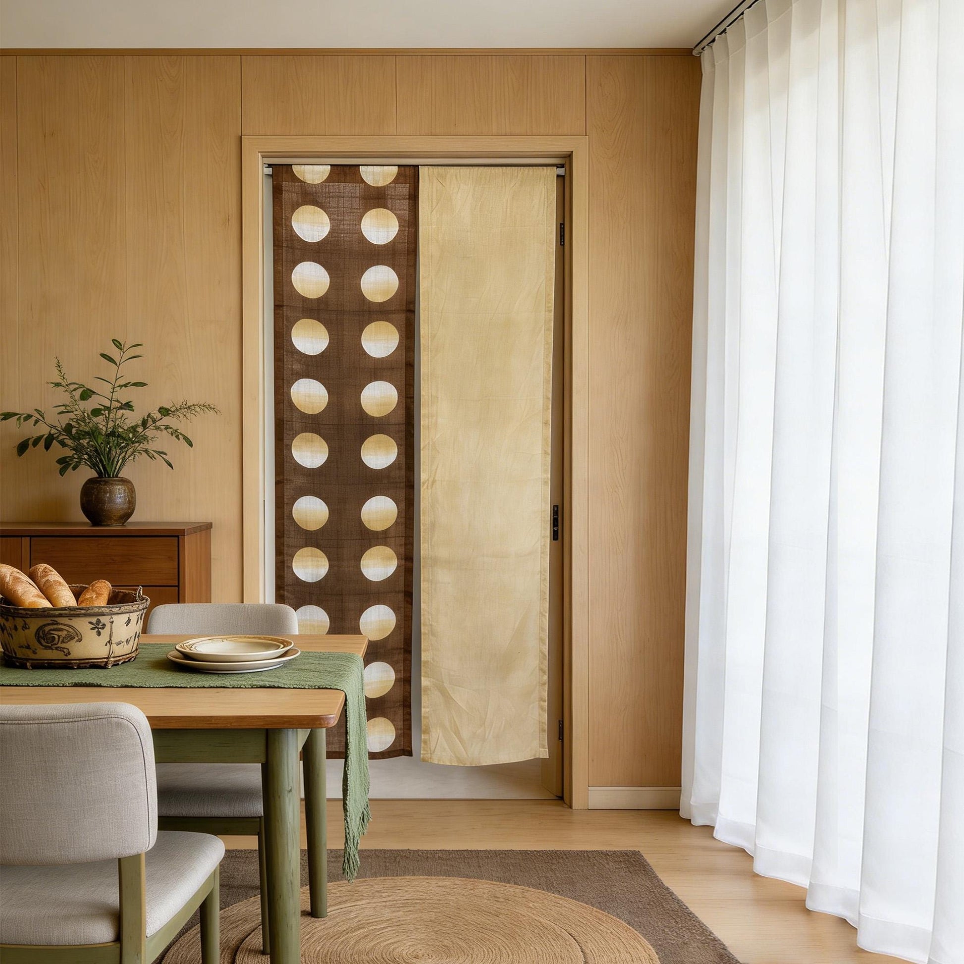 detail view of Polka Dot Linen Noren — Ochre / Brown showing plant-dyed linen texture and pattern