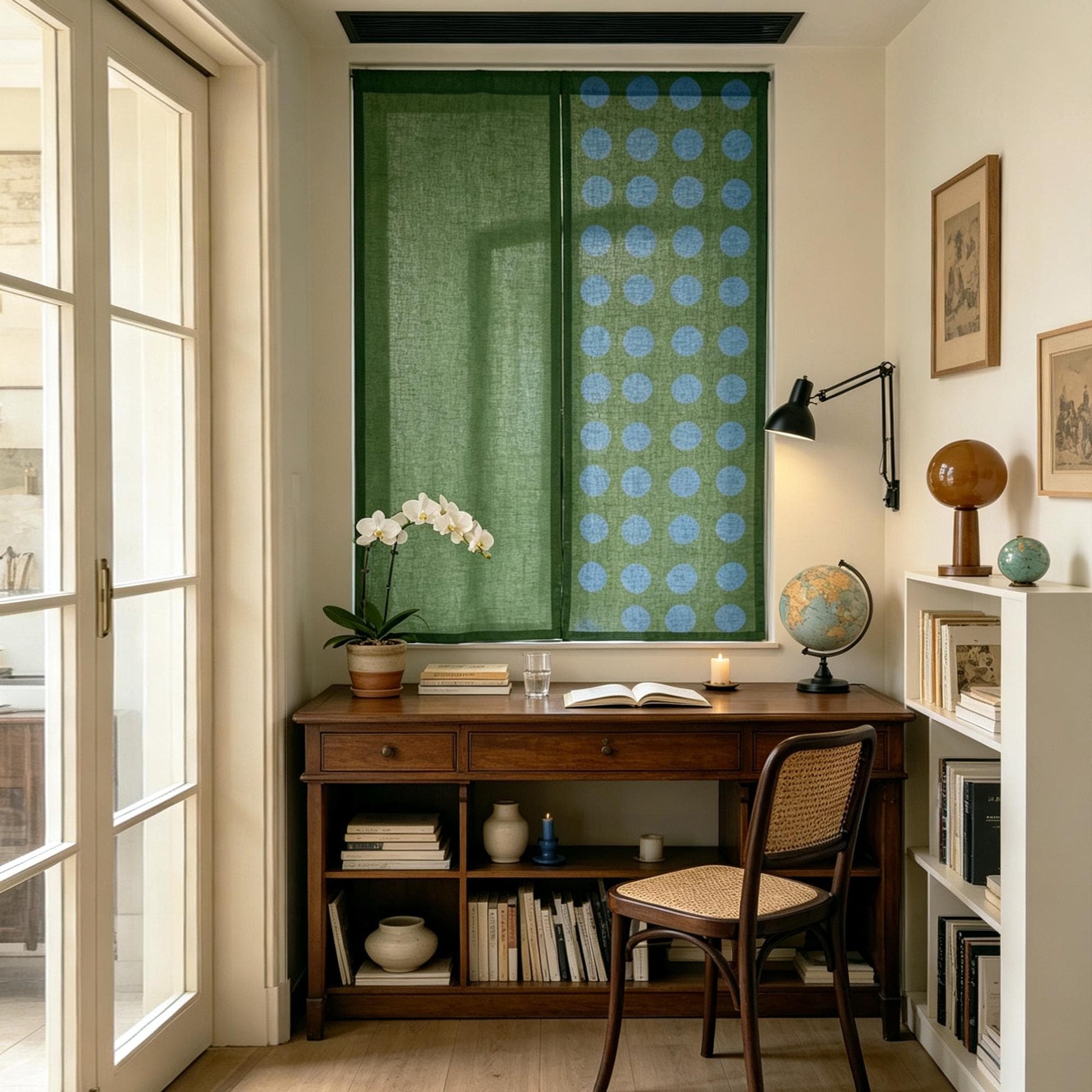 close-up of Polka Dot Linen Noren — Green / Dots showing the natural resist-dye motif on linen