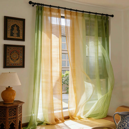 Sheer linen curtain 'Orange Green' — plant-dyed translucent, light-filtering window curtain.