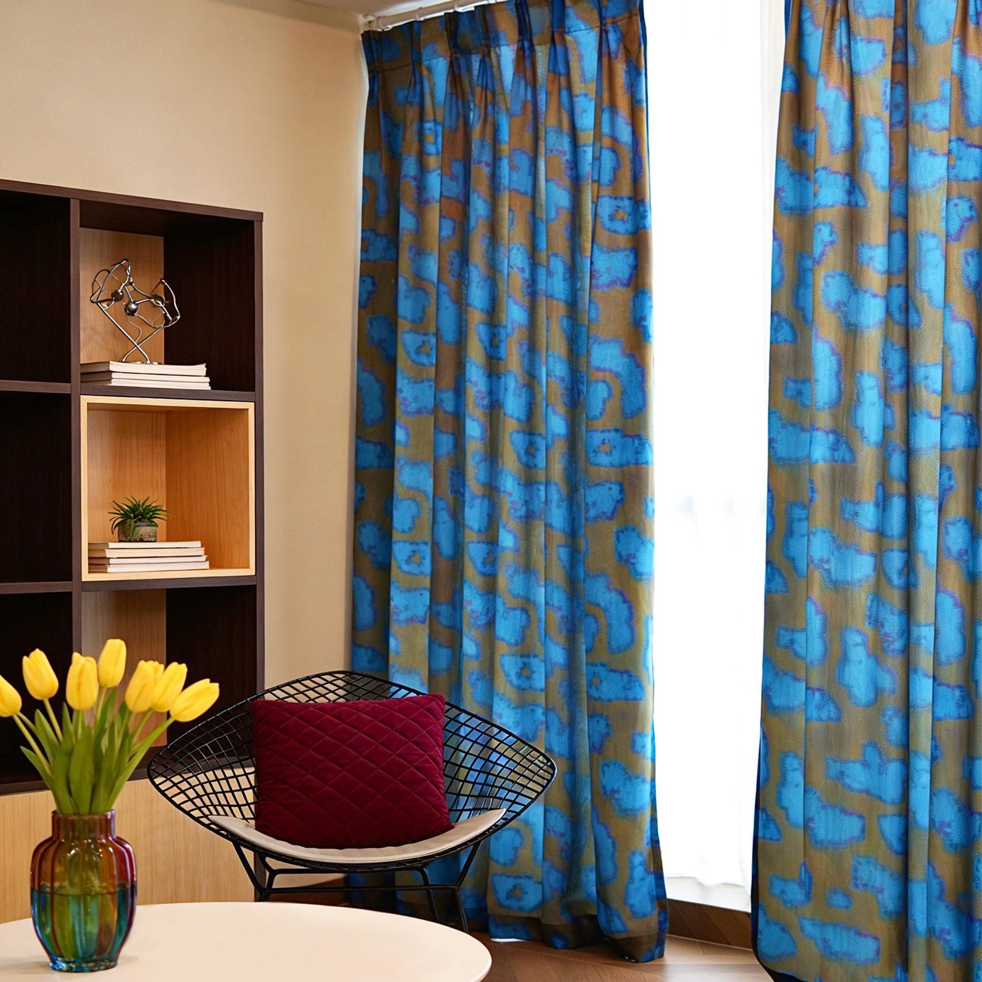 Linen drapes 'Deep Blue' — handmade plant-dyed semi-sheer botanical window curtain.