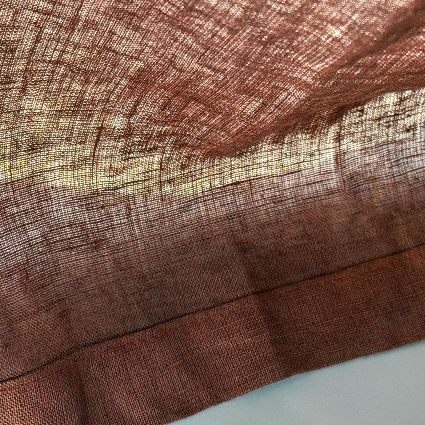 room scene with Linen Panel — Crimson Blue used as sheer curtains in a living space