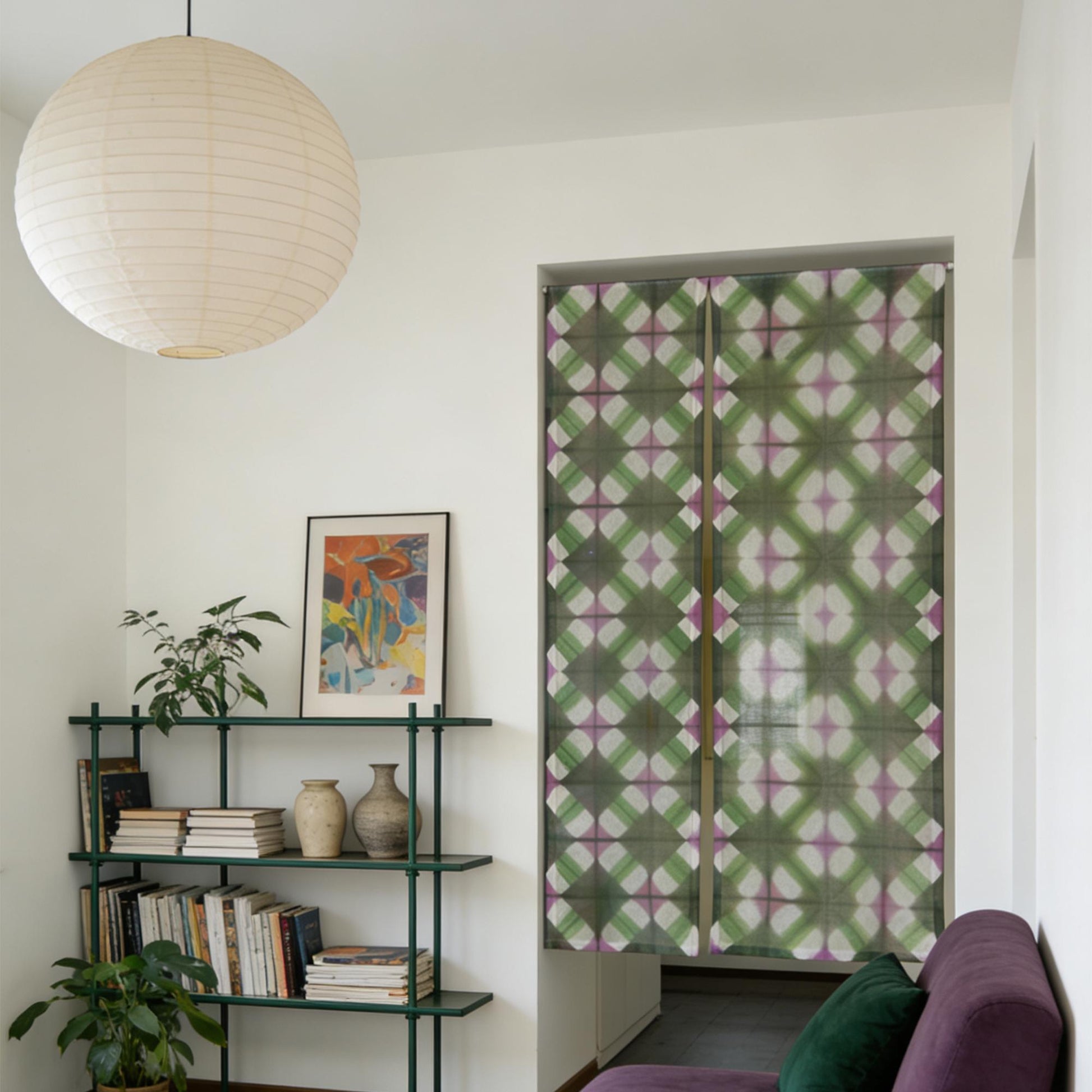 alternate angle of Motif Linen Noren — Green Flower hanging as a two-panel doorway curtain