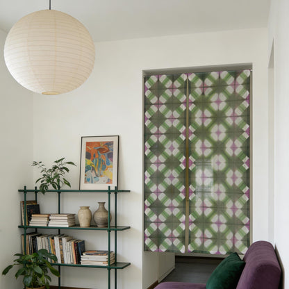 alternate angle of Motif Linen Noren — Green Flower hanging as a two-panel doorway curtain