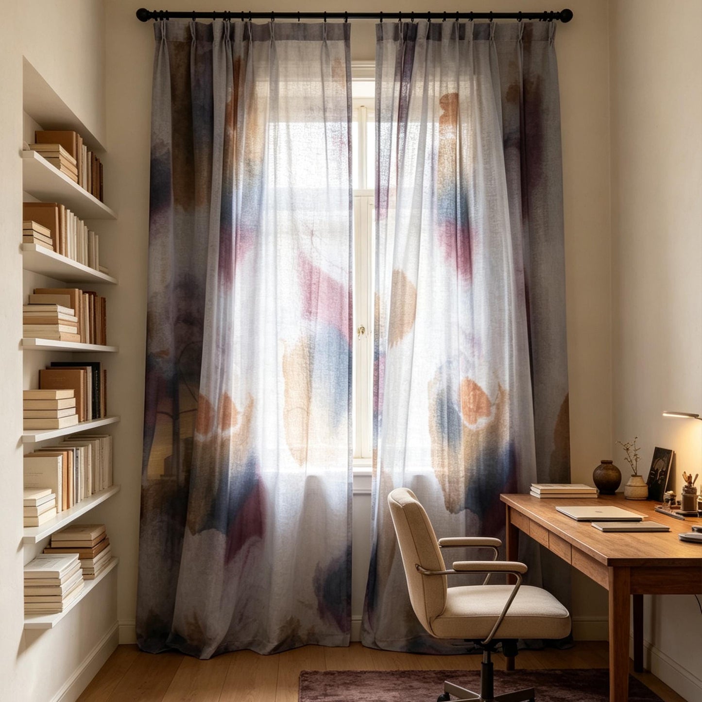 detail view of Pattern Drapery — Mist Grey showing plant-dyed pattern and sheer drape