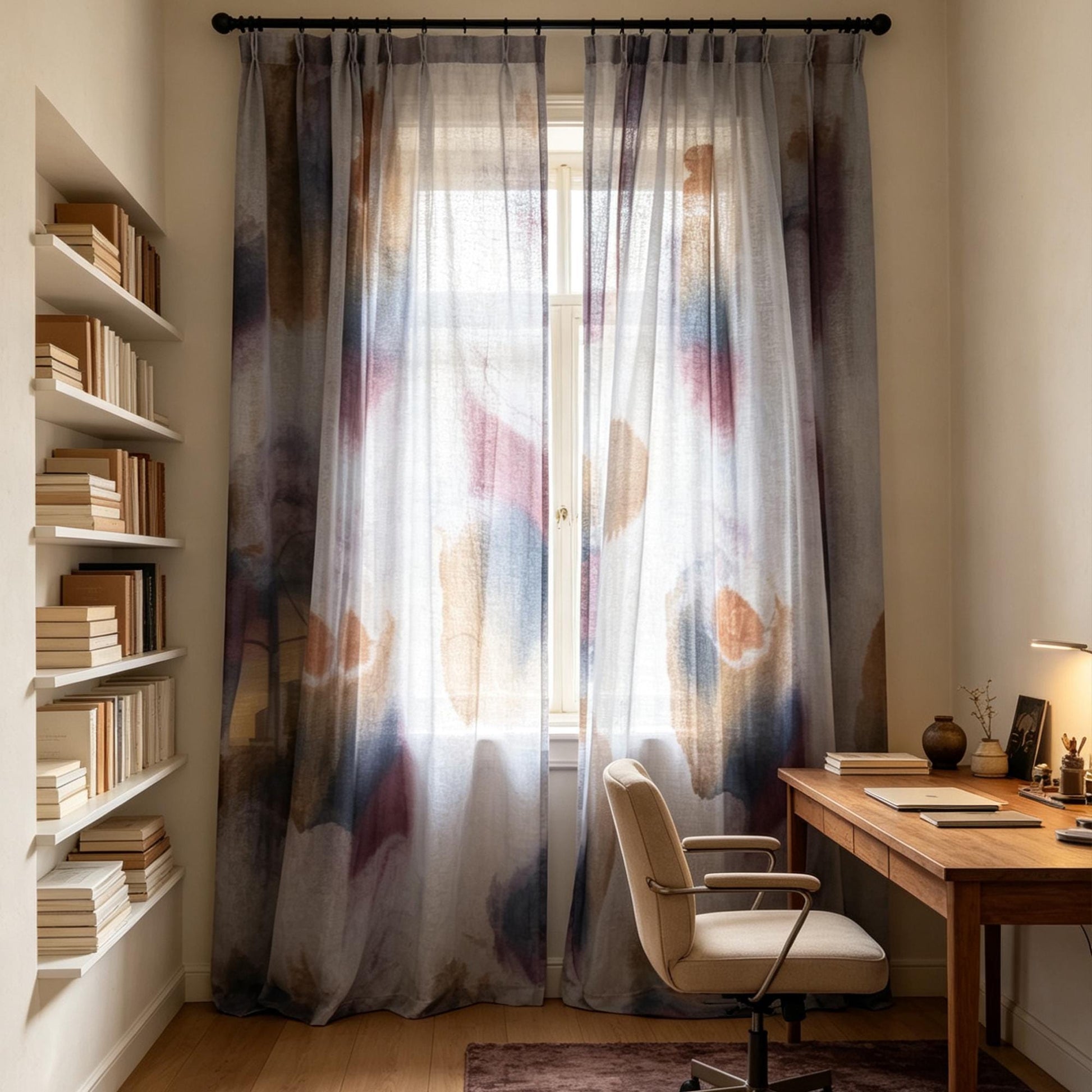 detail view of Pattern Drapery — Mist Grey showing plant-dyed pattern and sheer drape