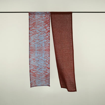 styled room scene with Motif Linen Noren — Mist Red used as a window or doorway curtain