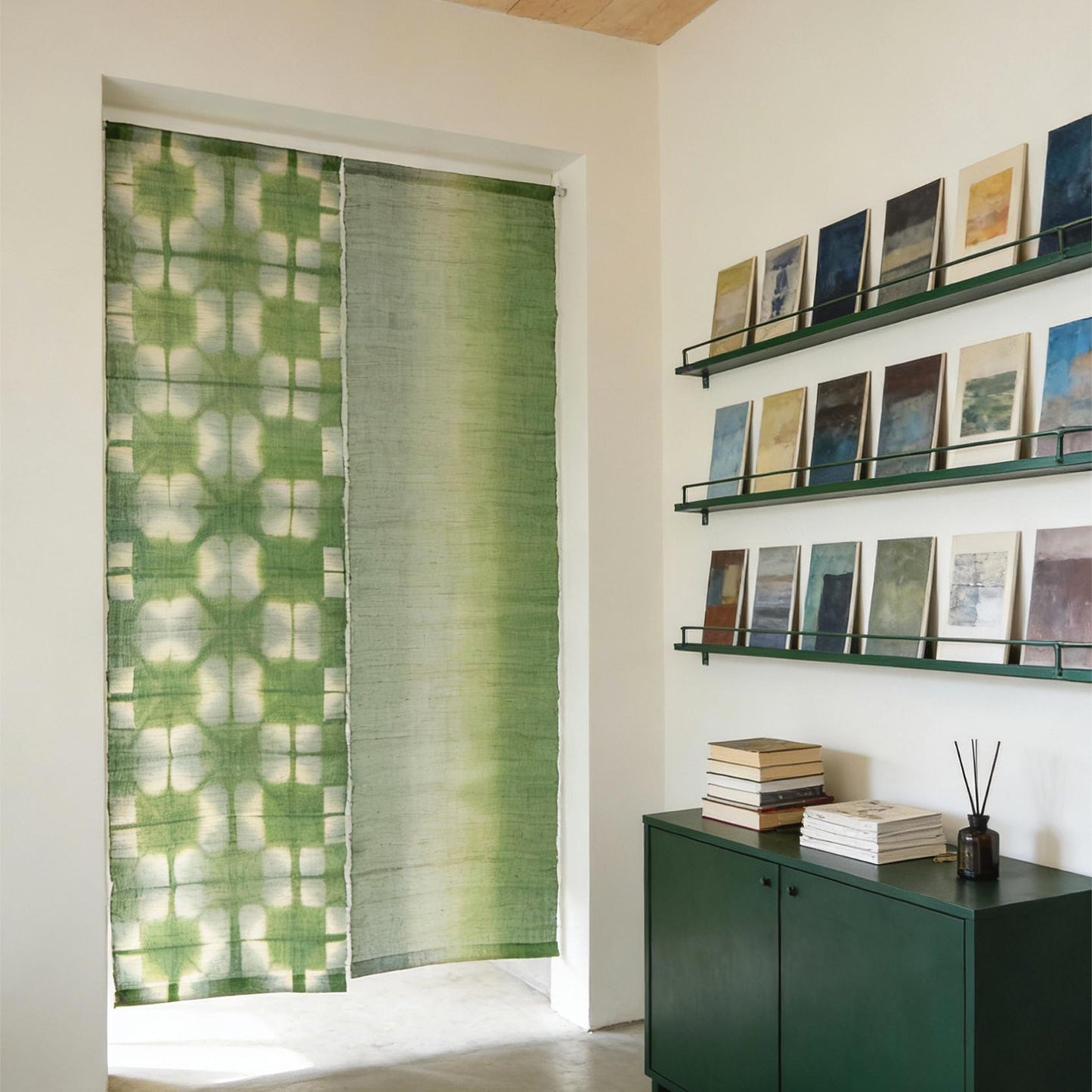 Ramie cloth panel 'Moss Light' — handmade plant-dyed ramie for room divider or curtain.