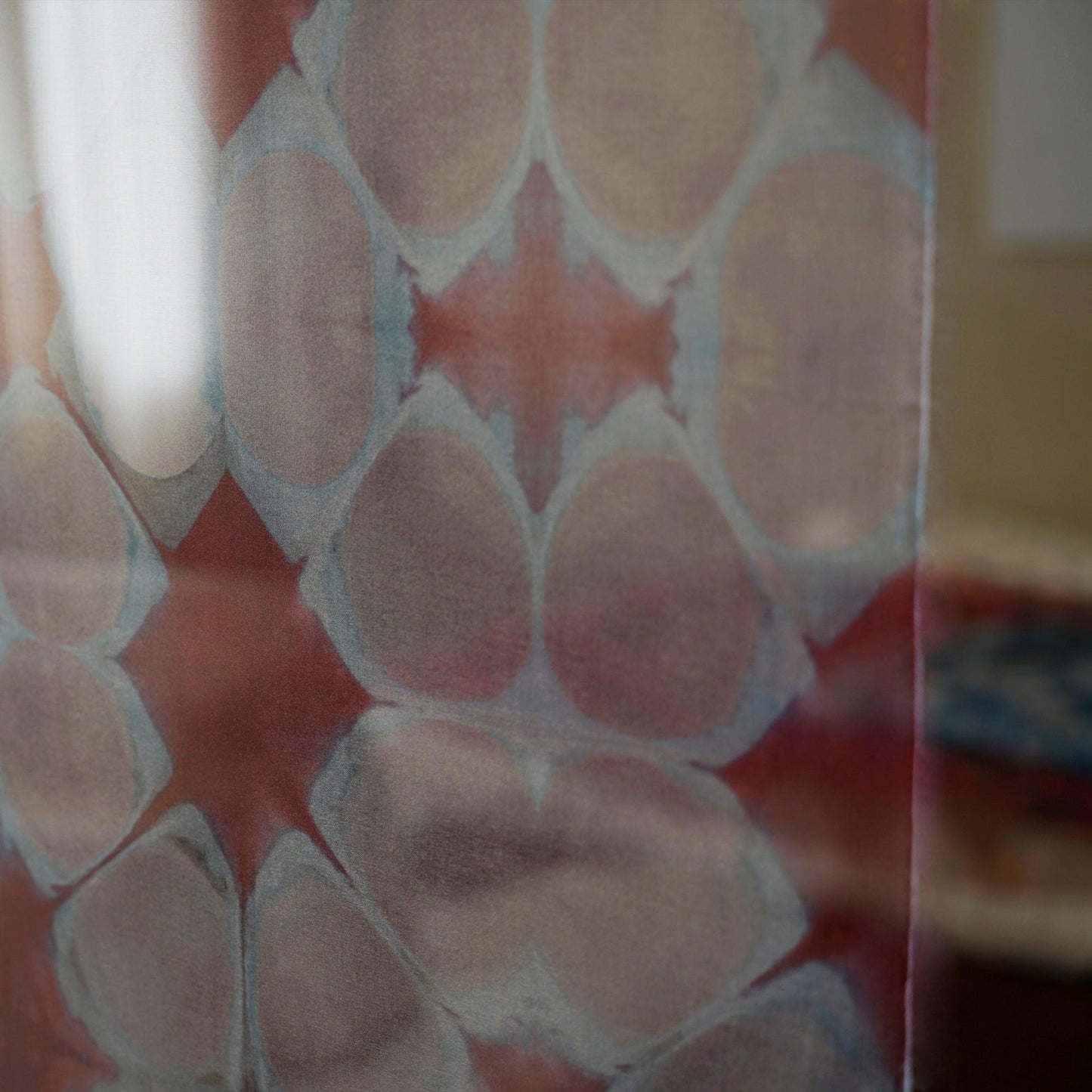Organza — Mist Purple by a window, filtering daylight and adding soft pattern