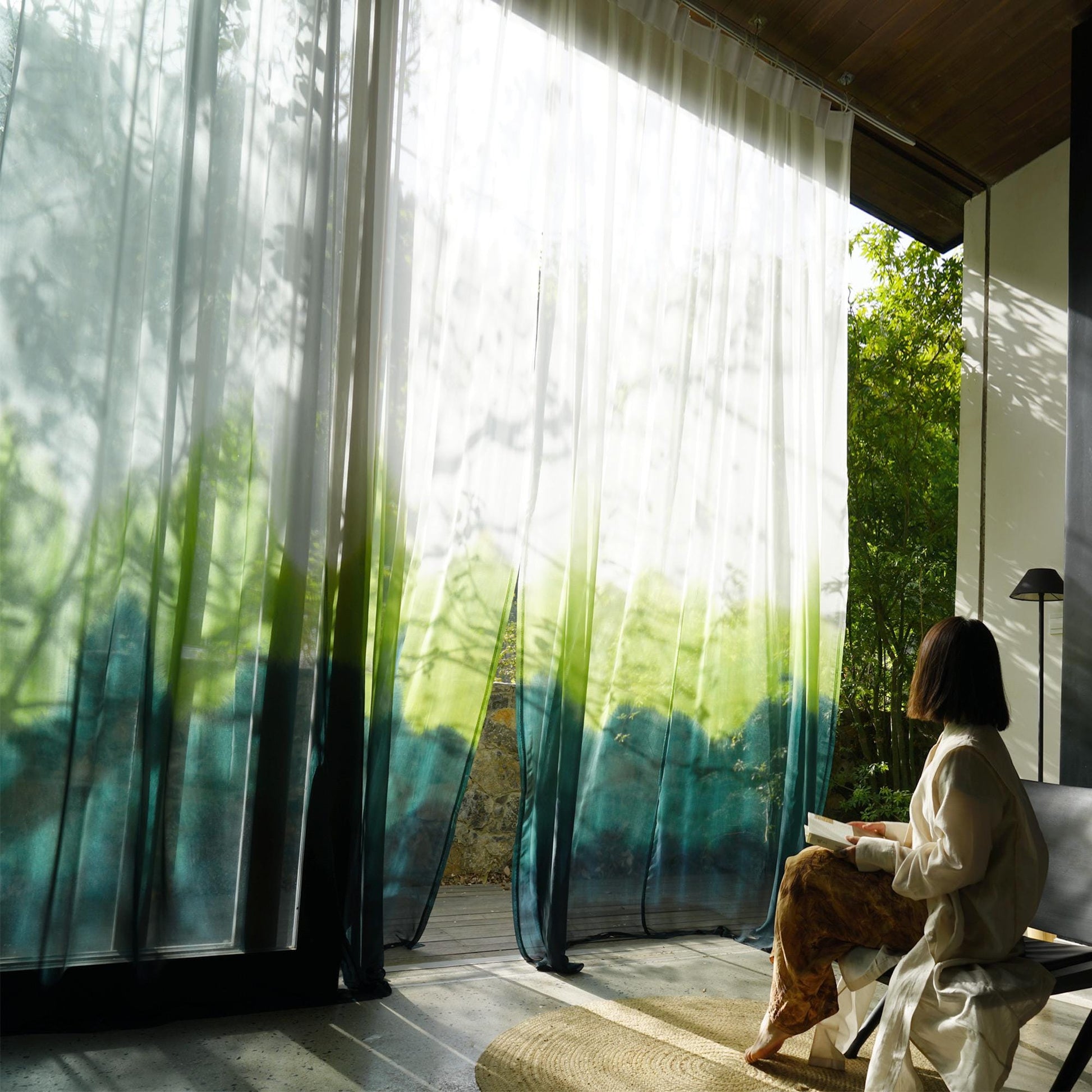 Sheer Curtain — White Green shown in a bedroom or living room setting