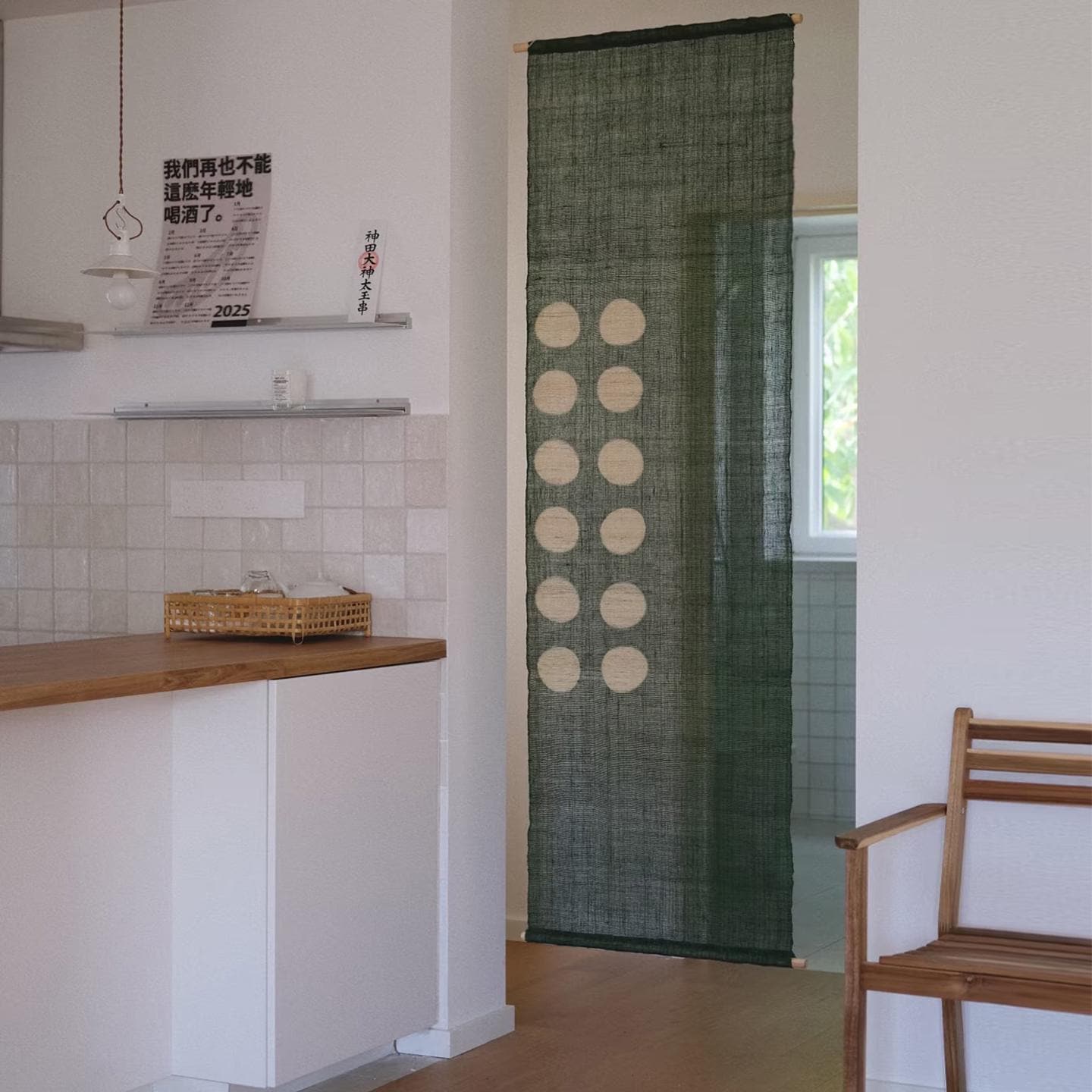 styled interior scene with Ramie Cloth — Green Dots used as a curtain or screen