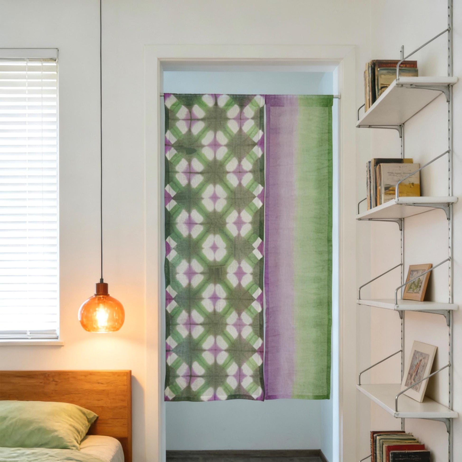 alternate angle of Motif Linen Noren — Purple Green hanging as a two-panel doorway curtain