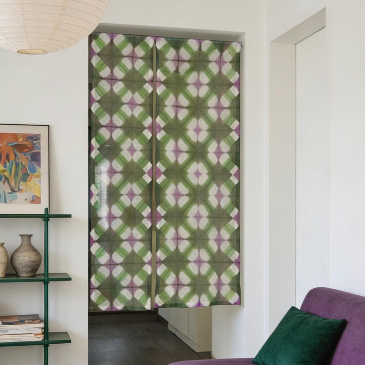 Plant-dyed linen noren 'Green Flower' — handmade Japanese doorway curtain with botanical motif.