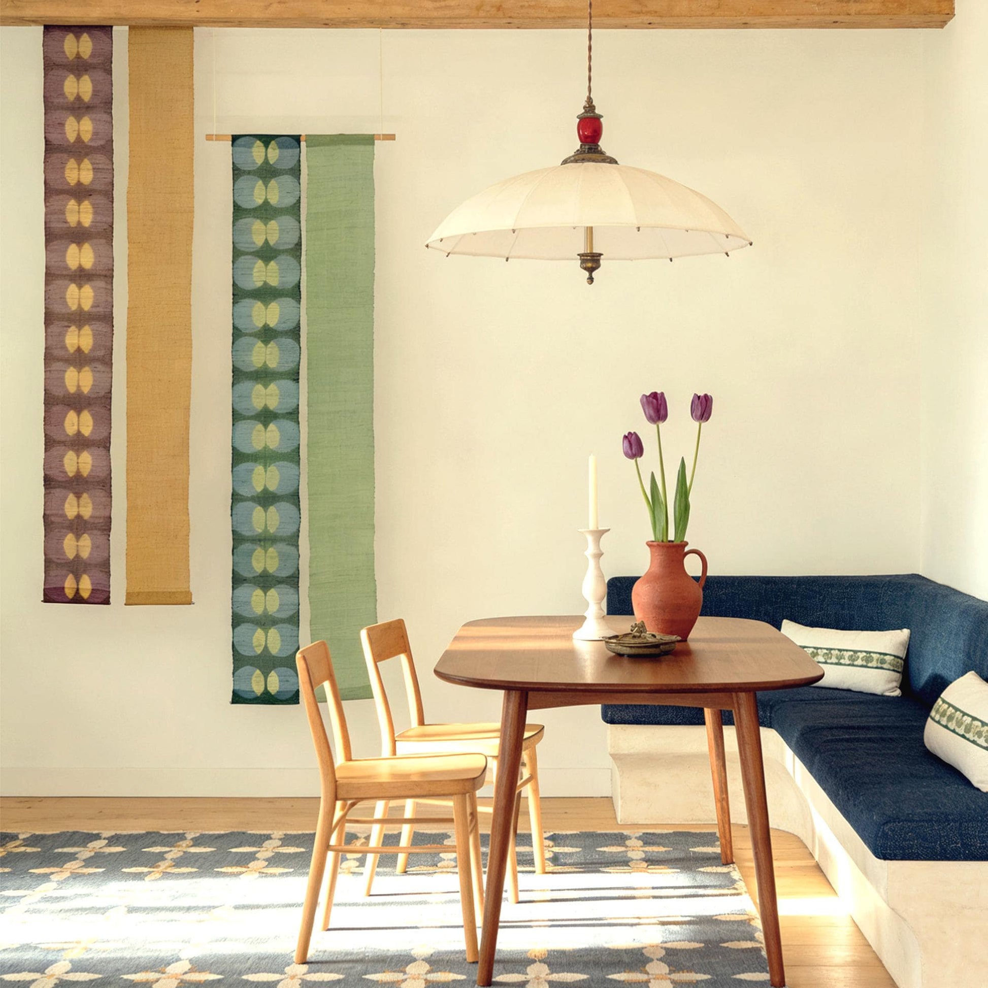 Narrow Ramie — Bean Motif displayed vertically on a wall as a decorative textile banner