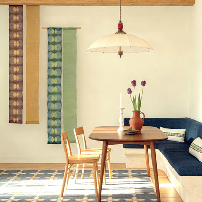 Narrow Ramie — Bean Motif displayed vertically on a wall as a decorative textile banner