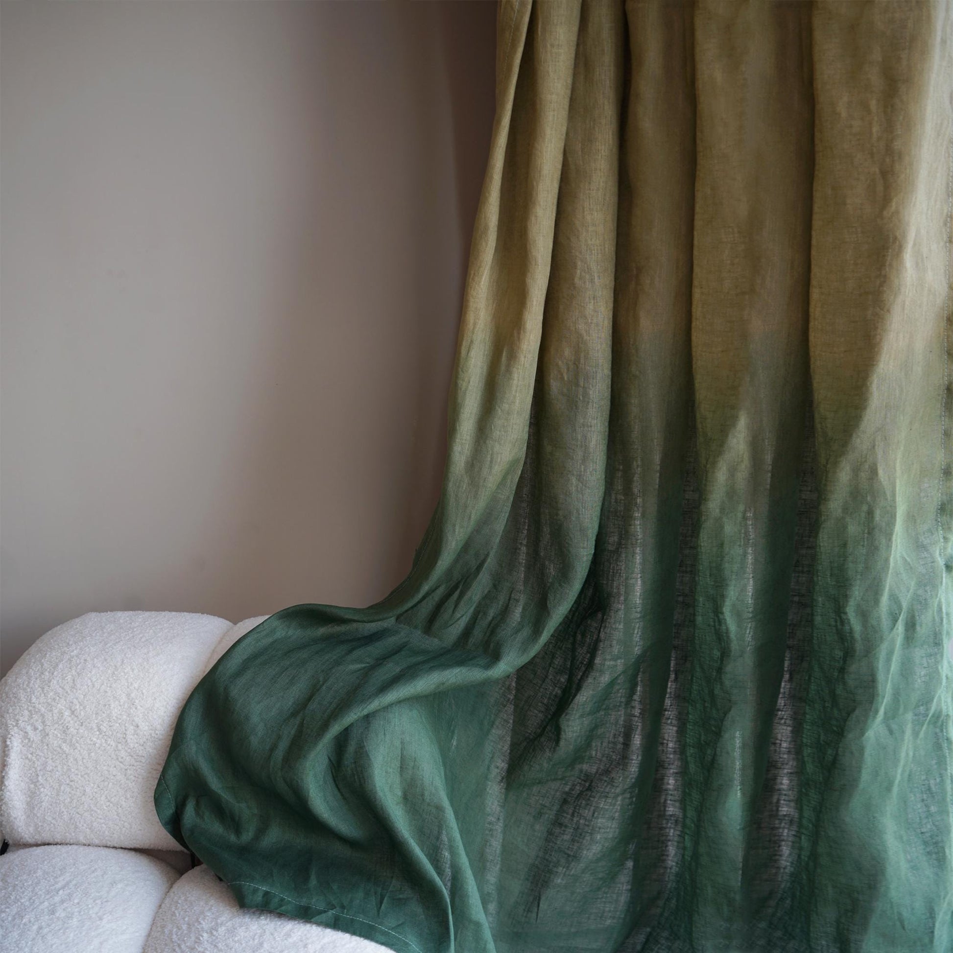 Linen Panel — Deep Teal hanging by a window, filtering daylight in a styled interior