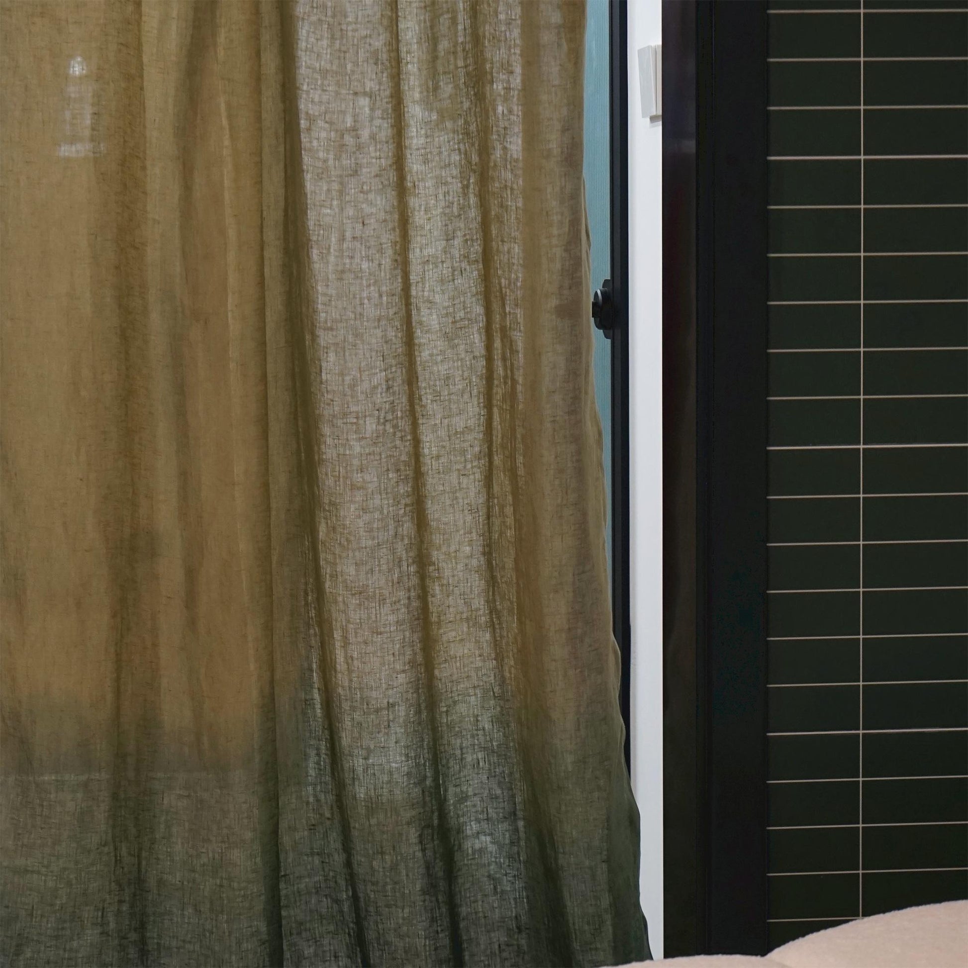 room scene with Linen Panel — Deep Teal used as sheer curtains in a living space