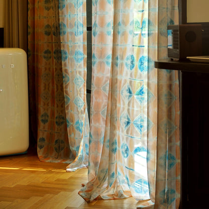 detail view of Pattern Drapery — Soft Beige showing plant-dyed pattern and sheer drape