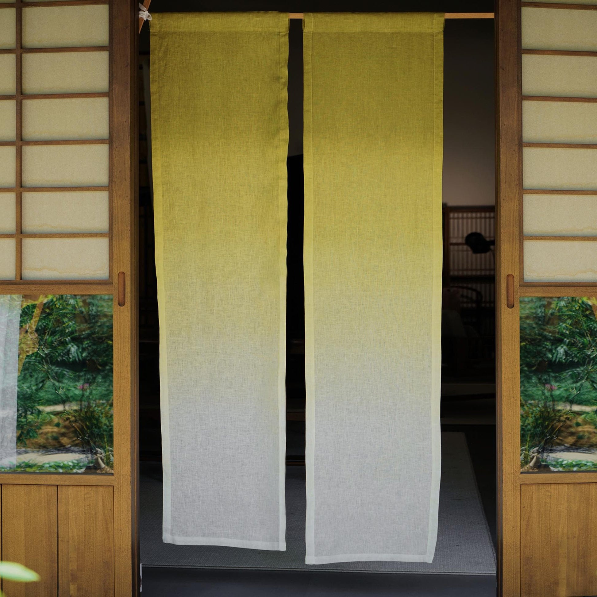 Minimalist Japanese noren 'Yellow White' — soft handmade plant-dyed linen doorway curtain.