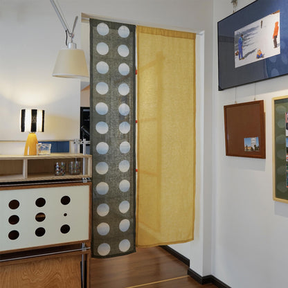 detail view of Polka Dot Linen Noren — Grey / Yellow showing plant-dyed linen texture and pattern