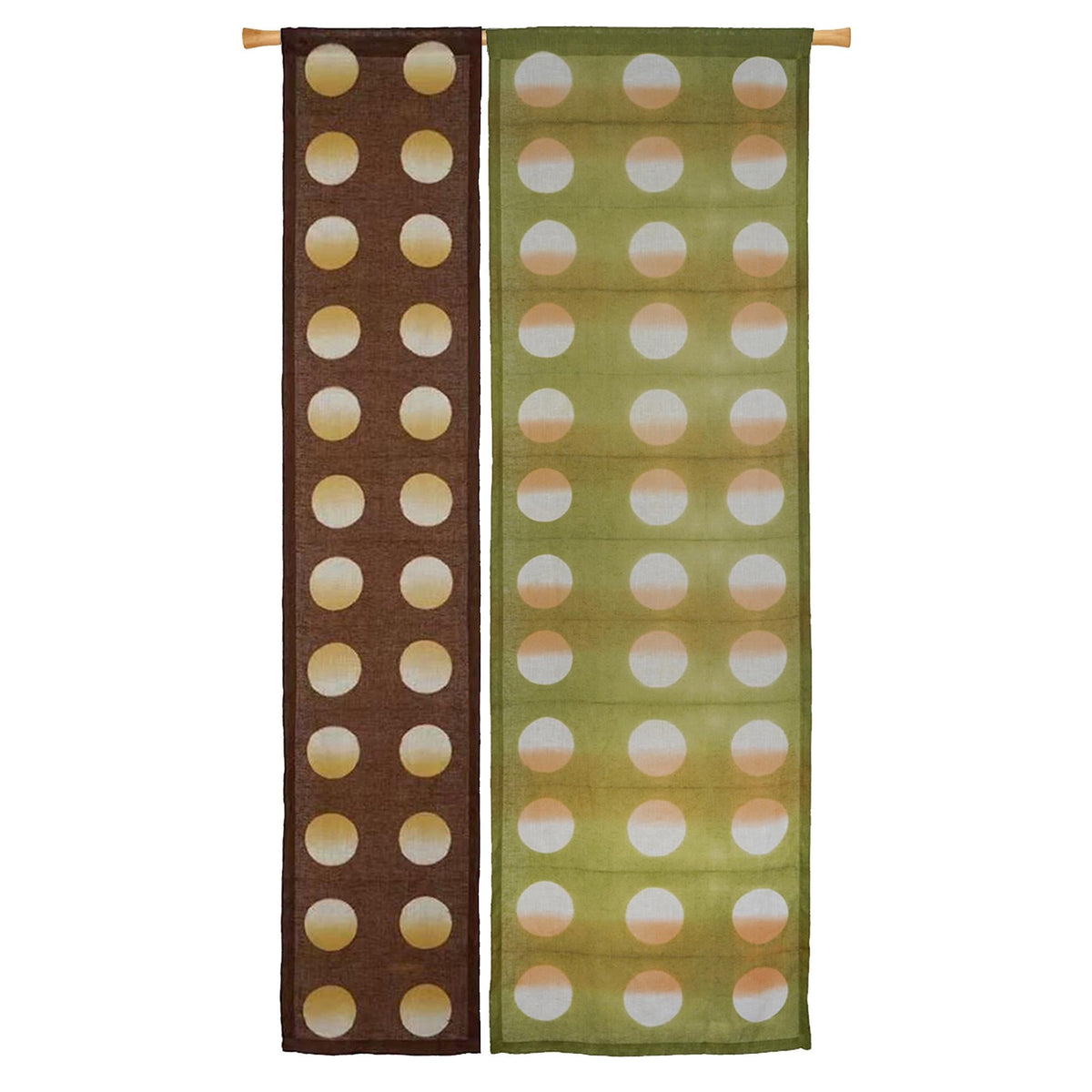 alternate angle of Polka Dot Linen Noren — Orange / Yellow hanging as a two-panel doorway curtain
