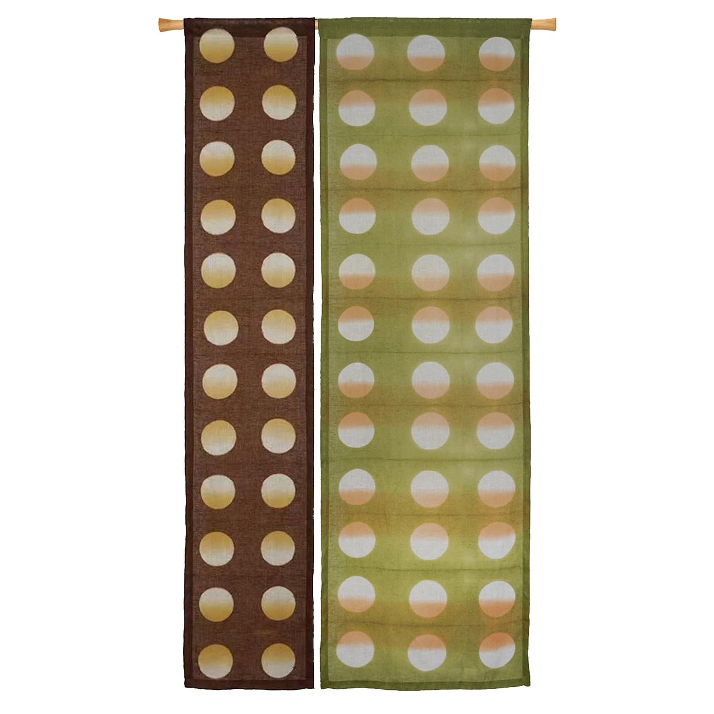 alternate angle of Polka Dot Linen Noren — Orange / Yellow hanging as a two-panel doorway curtain