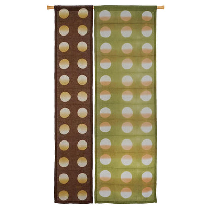 alternate angle of Polka Dot Linen Noren — Orange / Yellow hanging as a two-panel doorway curtain