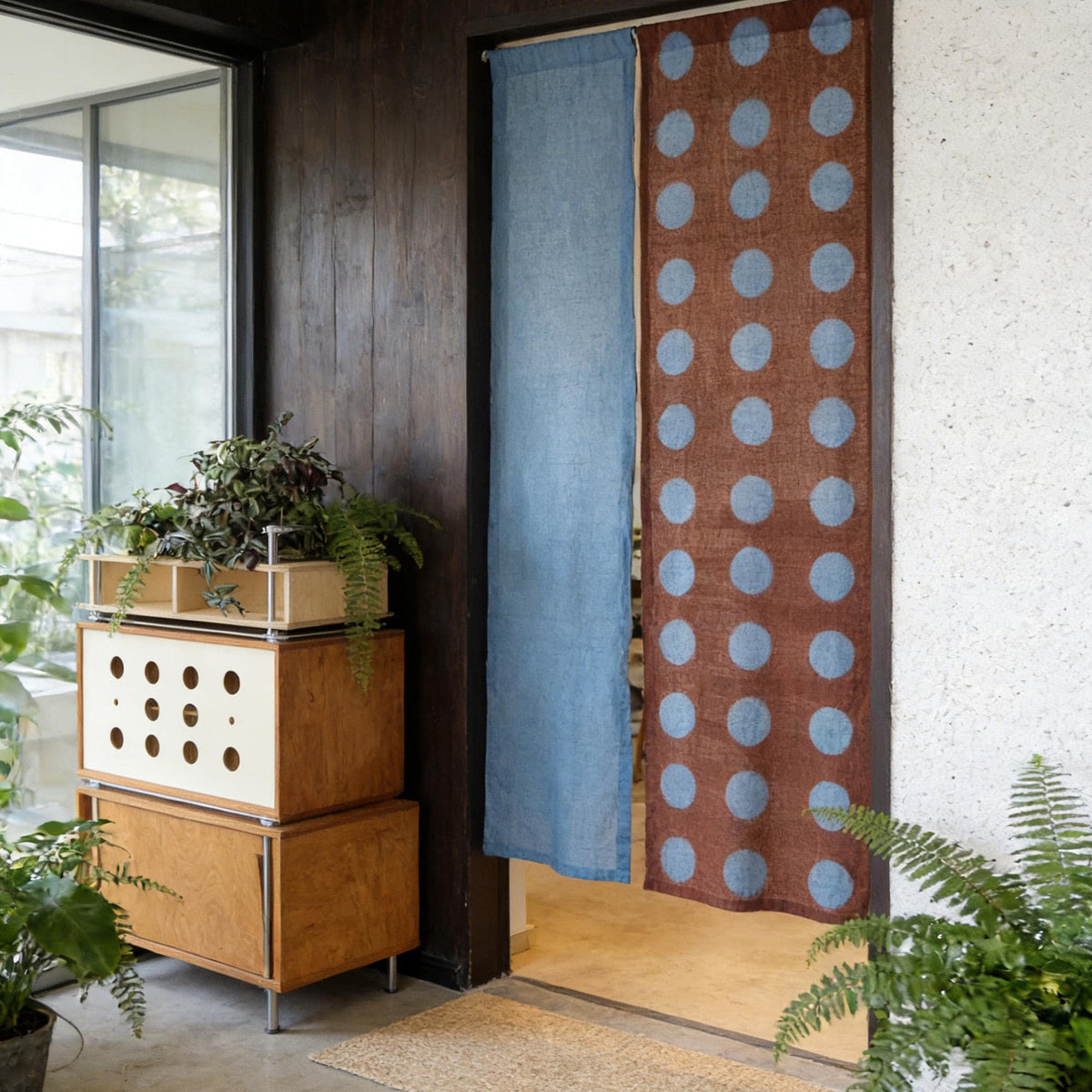 detail view of Polka Dot Linen Noren — Rust / Blue showing plant-dyed linen texture and pattern