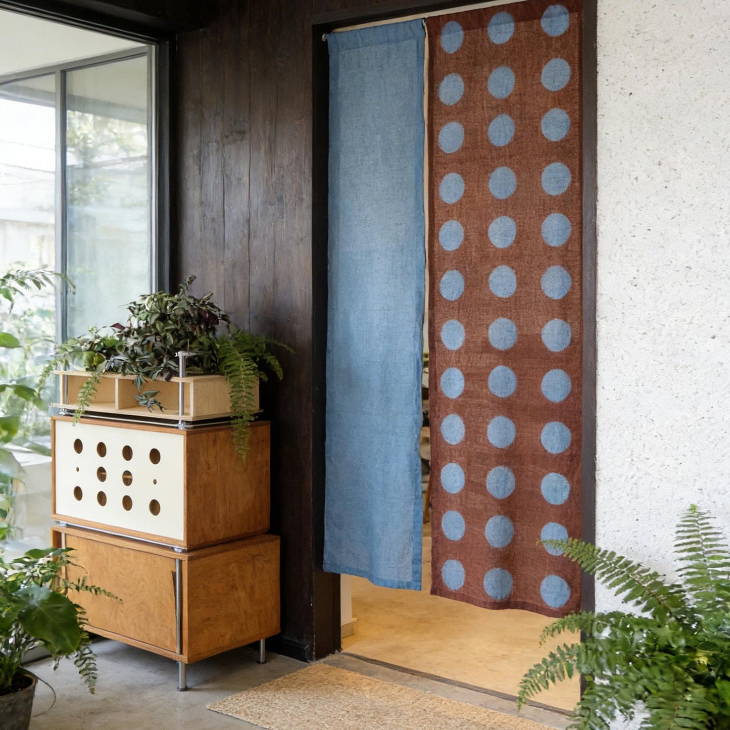 detail view of Polka Dot Linen Noren — Rust / Blue showing plant-dyed linen texture and pattern