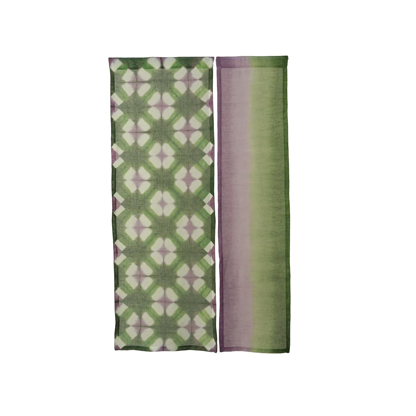 styled room scene with Motif Linen Noren — Purple Green used as a window or doorway curtain