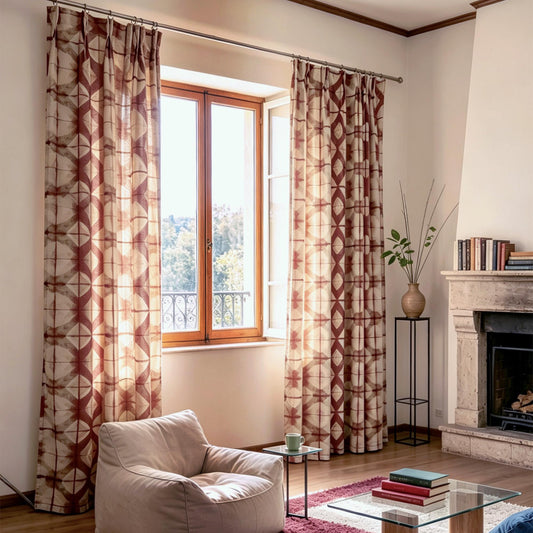 Pattern Drapery — Dusty Rose dressing tall windows in a styled living room