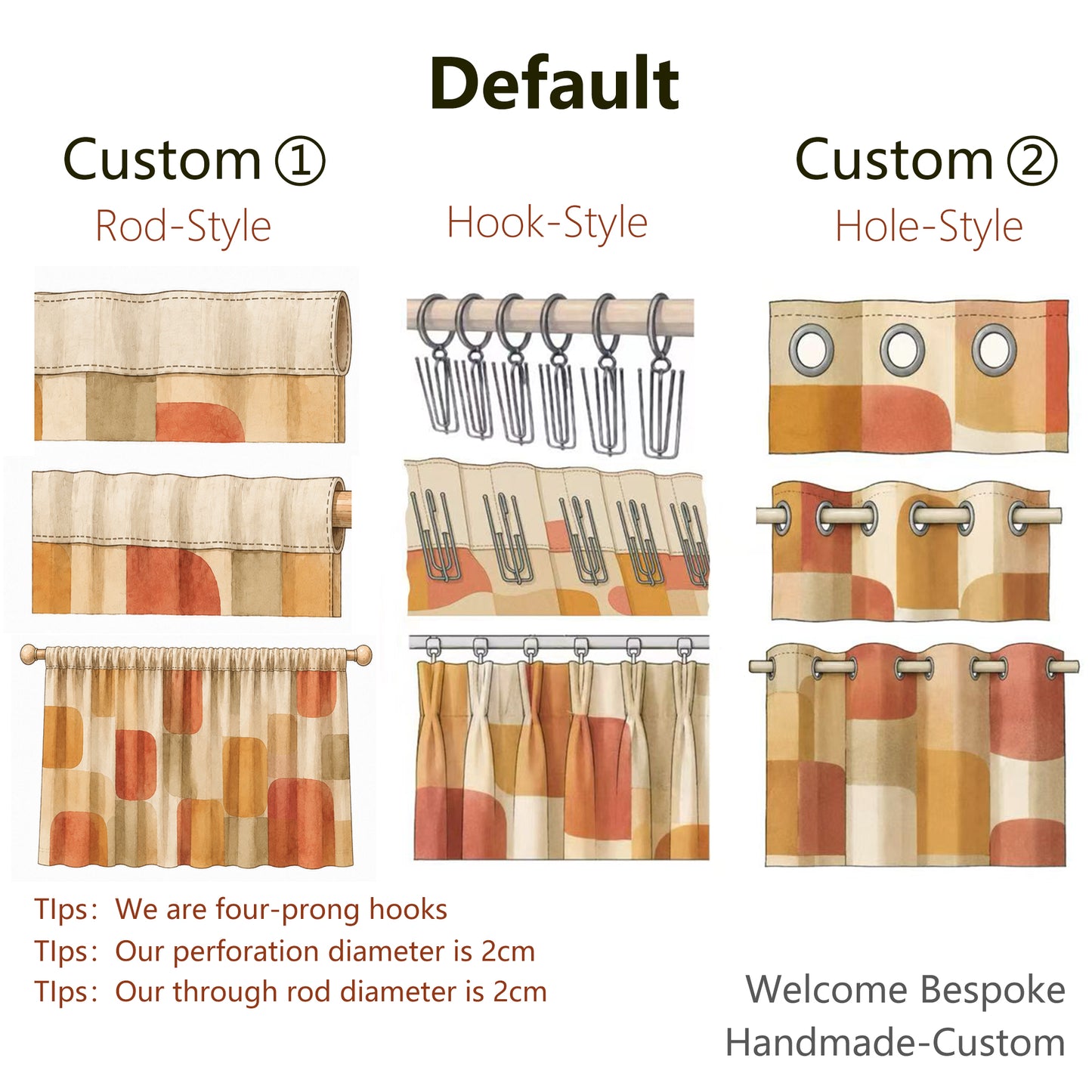 Curtain hanging options: rod-style, hook-style, and hole-style headers; bespoke handmade custom details included.