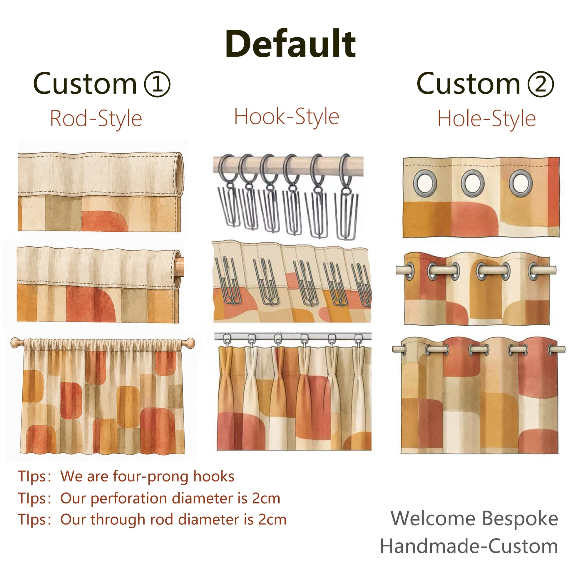 Curtain hanging options: rod-style, hook-style, and hole-style headers; bespoke handmade custom details included.