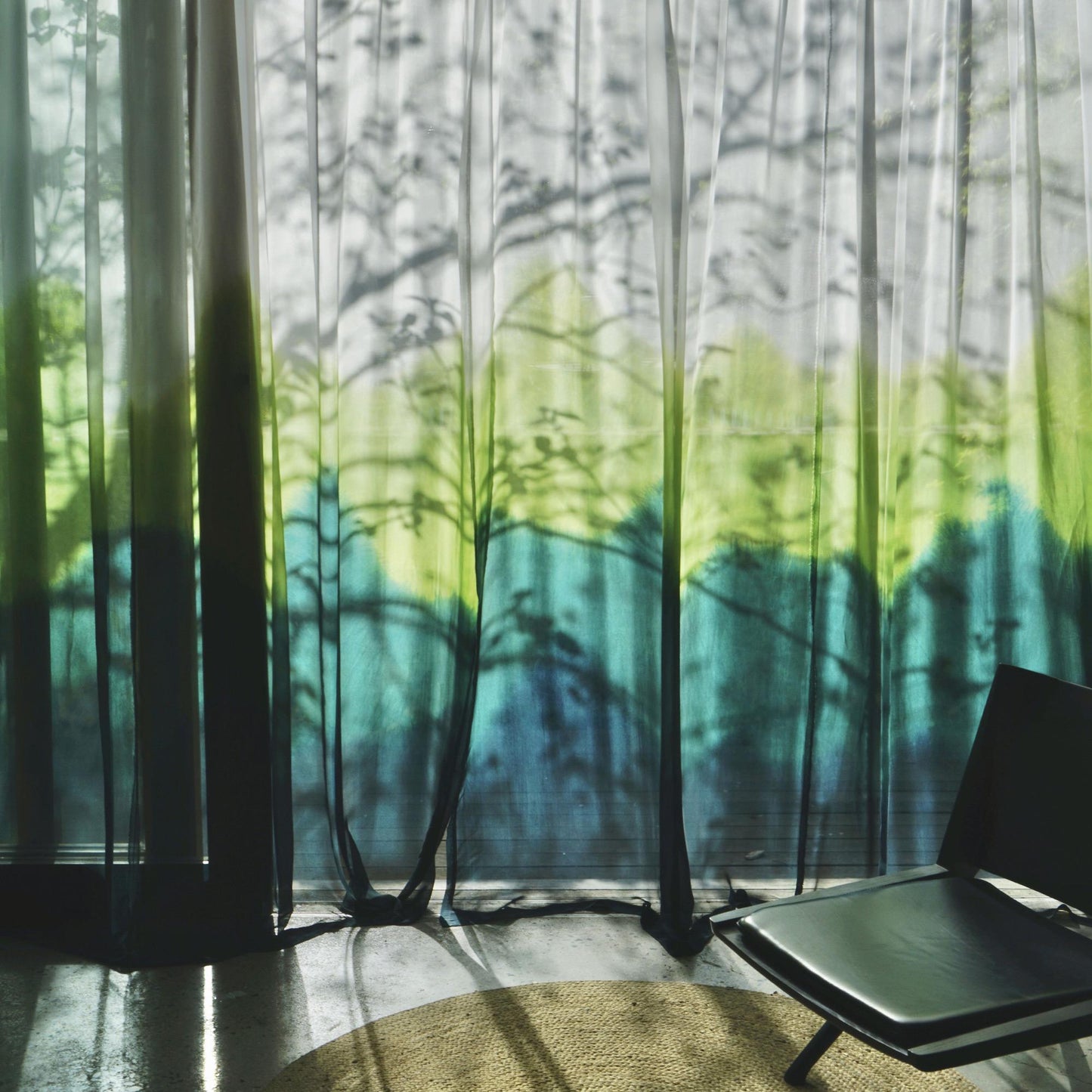 Sheer Curtain — White Green hung as window curtains in a bright room