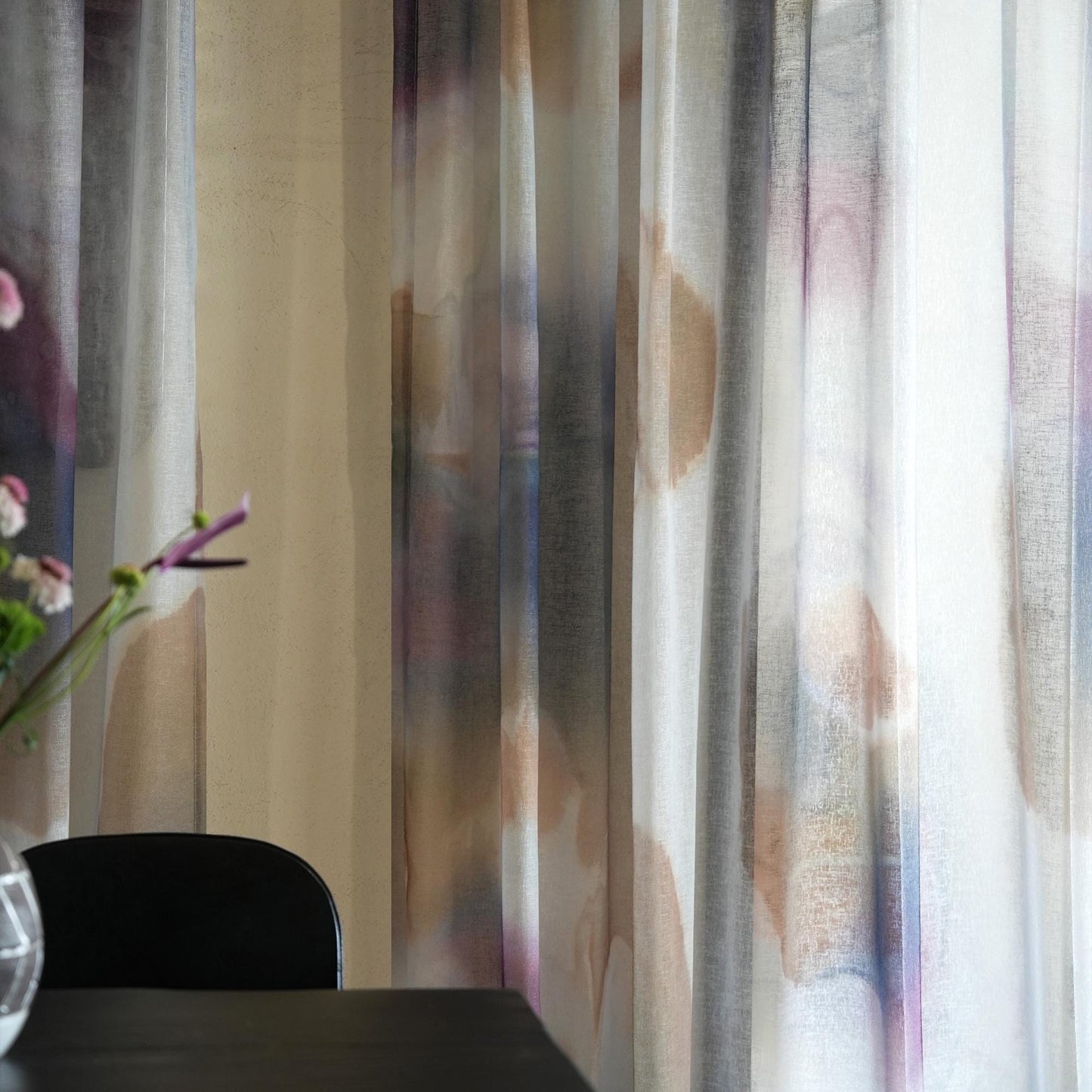 Pattern Drapery — Mist Grey dressing tall windows in a styled living room