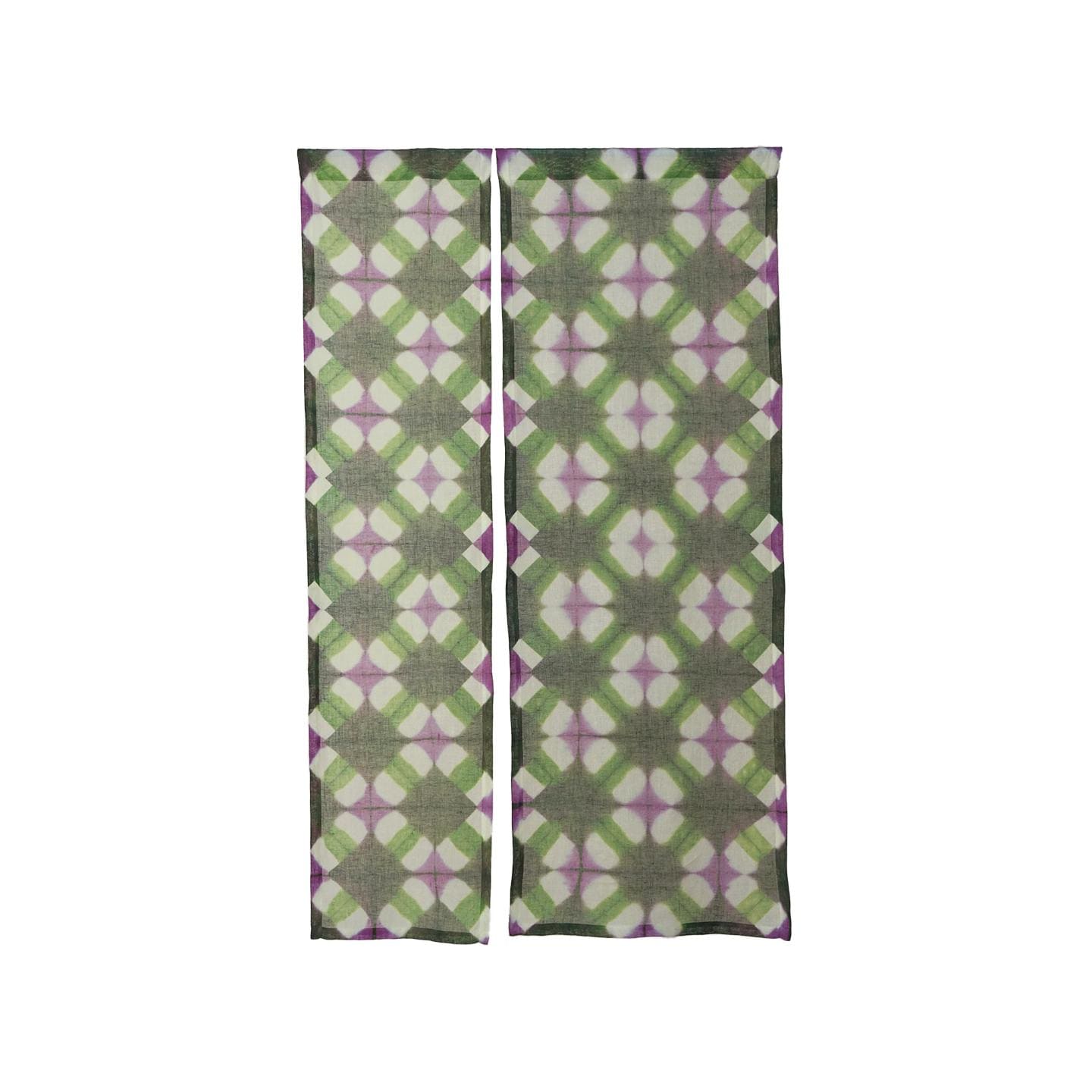 alternate angle of Motif Linen Noren — Green Flower hanging as a two-panel doorway curtain